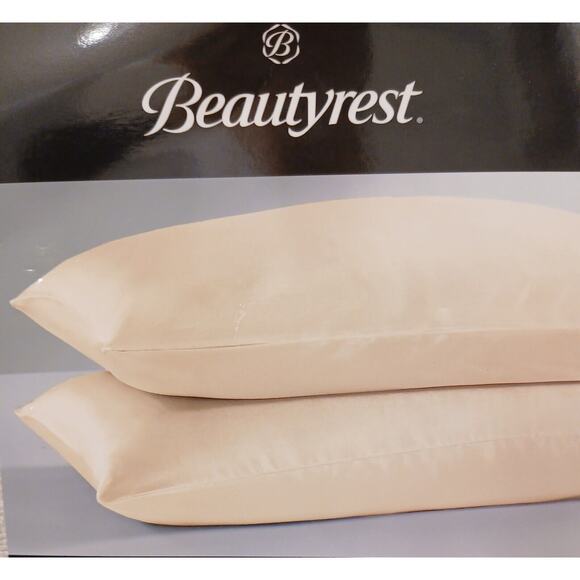 2 Pc Beautyrest STANDARD Satin Pillowcase Champagne Beige Silky Therapy Hair NEW - Picture 1 of 14